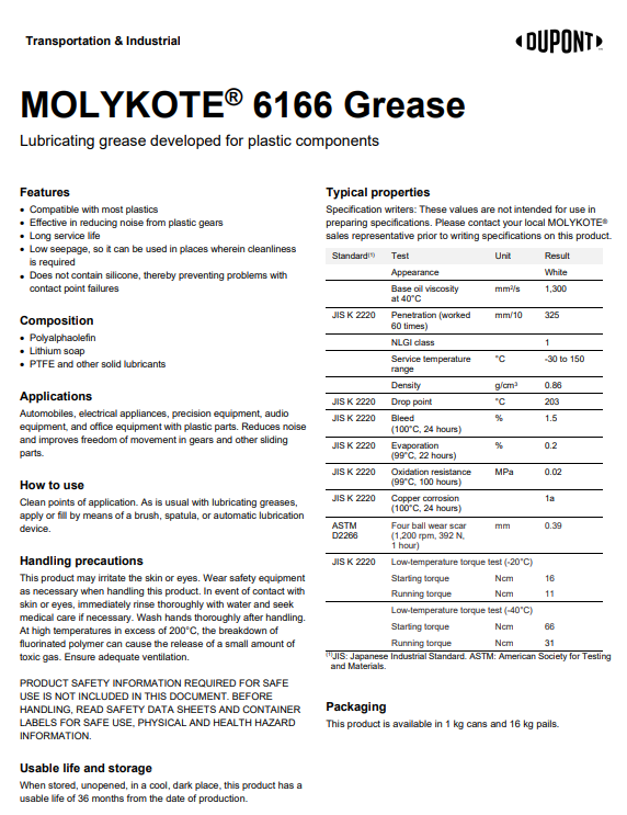 MOLYKOTE 6166 Grease塑料部件润滑脂